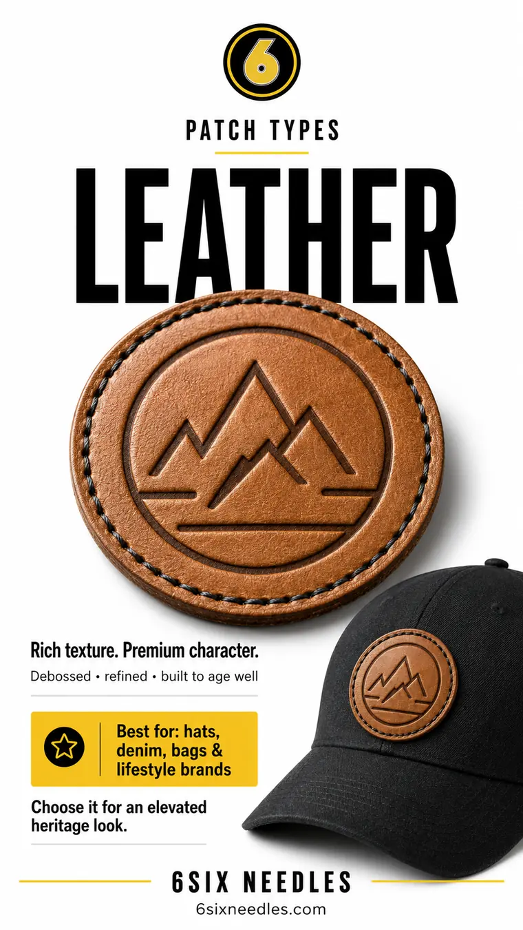 Leather custom patch example from 6Six Needles, a debossed mountain logo shown on a black cap