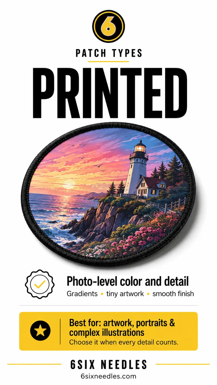 Printed sublimated custom patch example from 6Six Needles, a full color lighthouse sunset scene with fine detail