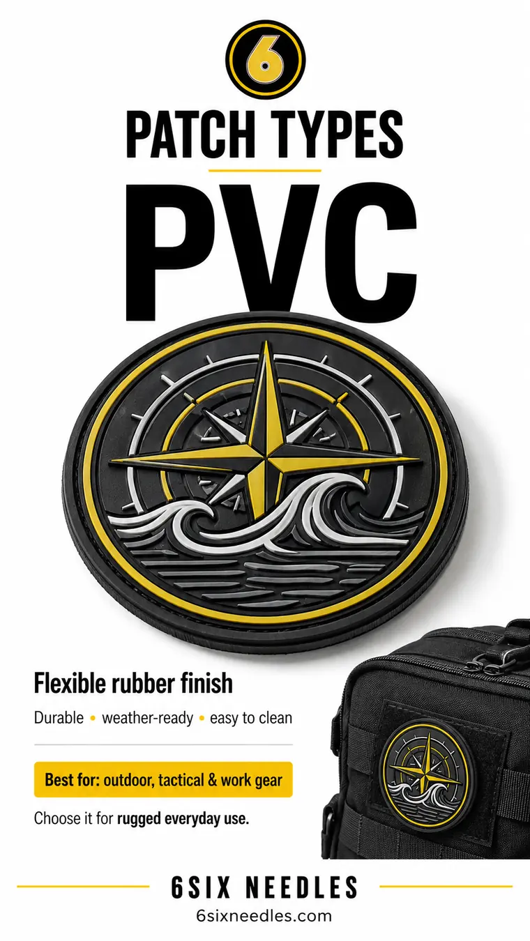 PVC custom patch example from 6Six Needles, a raised rubber compass design shown on a tactical bag
