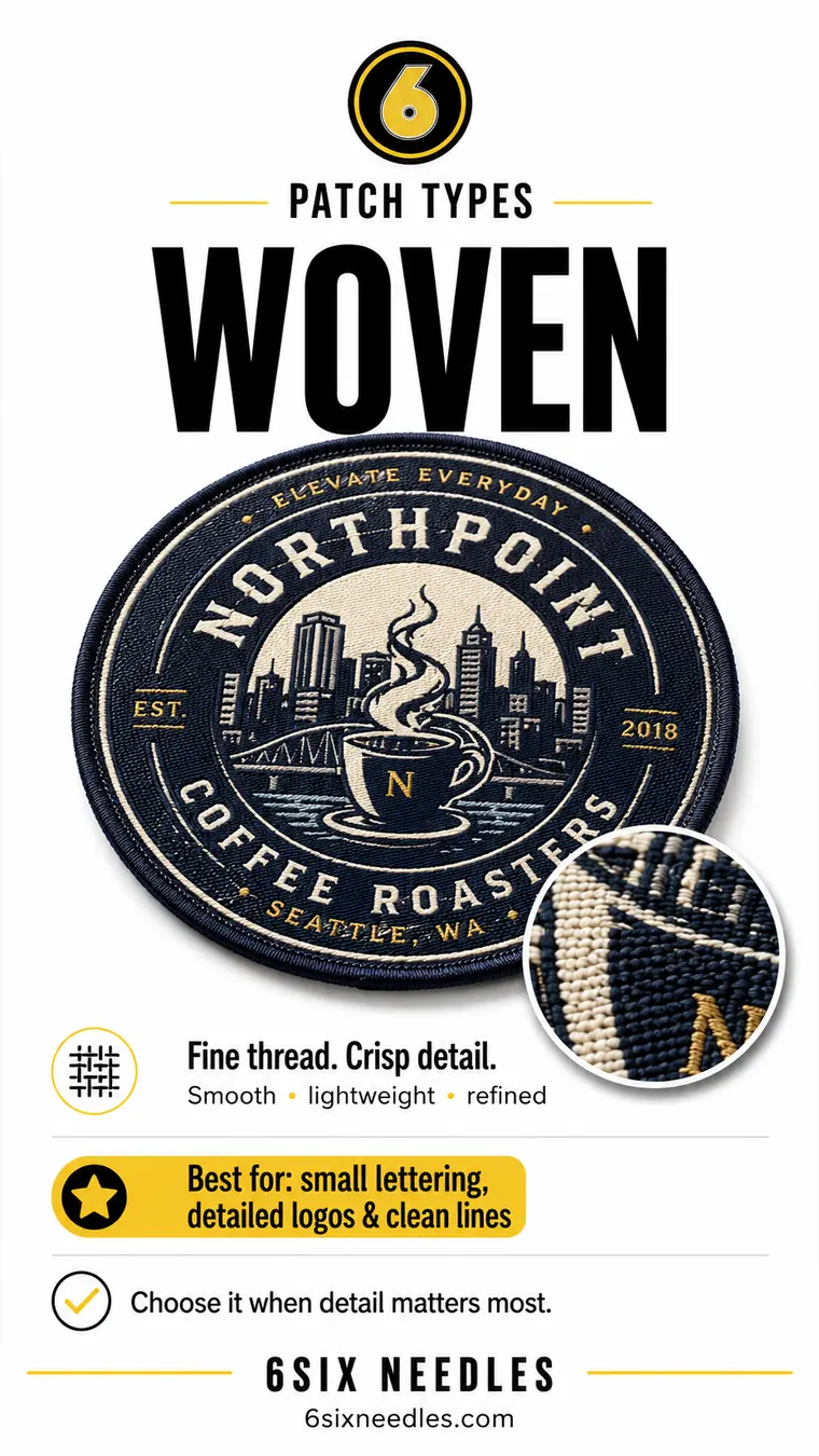 Woven custom patch example from 6Six Needles, a detailed Northpoint Coffee Roasters design with fine lettering