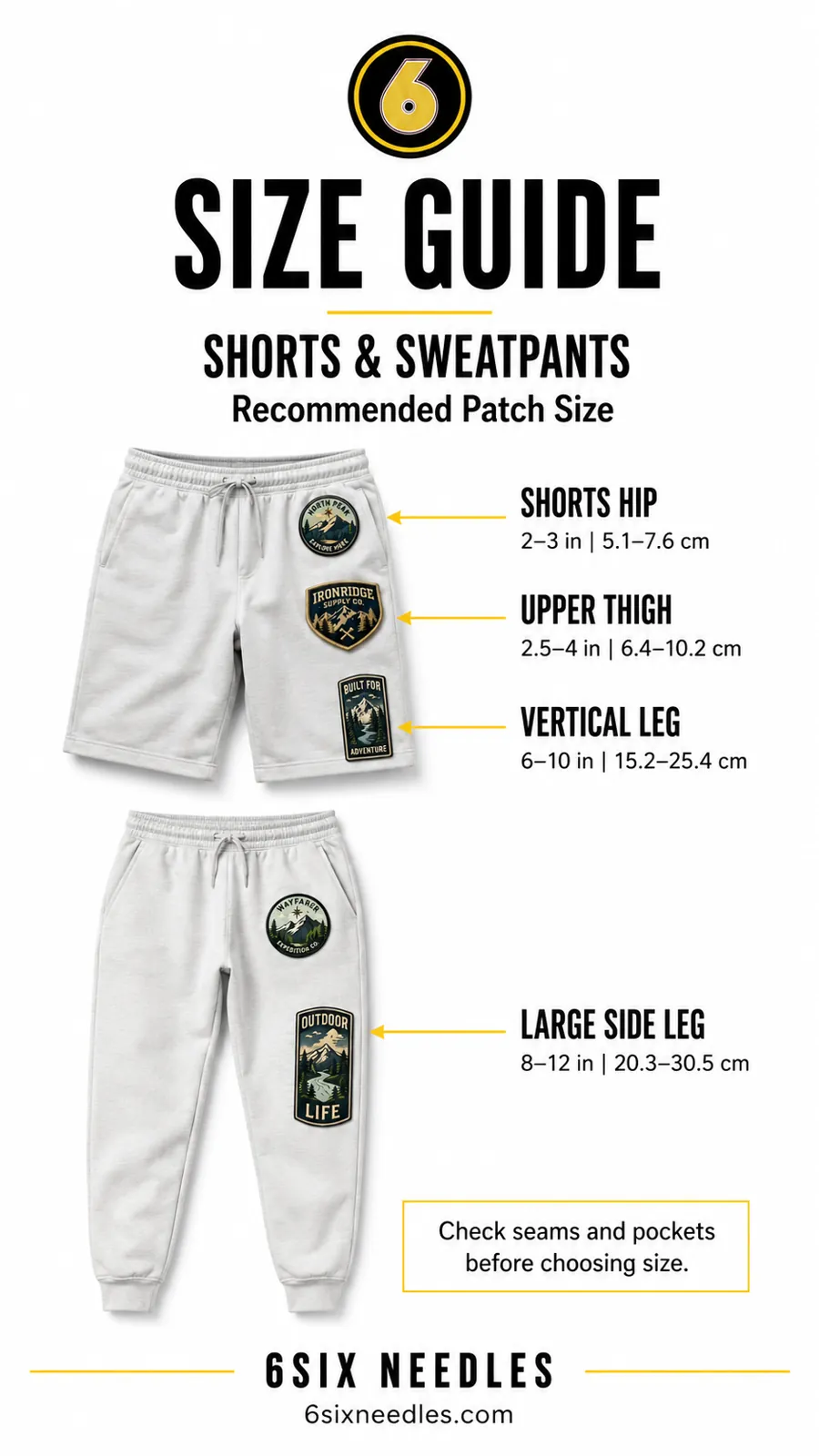 Custom patch size guide for shorts and sweatpants